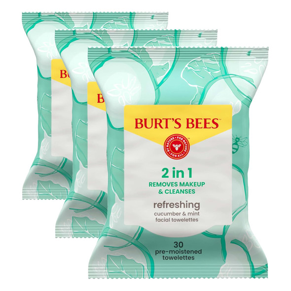 Burt’s Bees Refreshing Cucumber & Mint Facial Towelettes, 100% Plant Based Cloths; 99% Natural Origin; Removes Makeup and Cleanses; No Need to Rinse; 30 Ct (Pack May Vary)