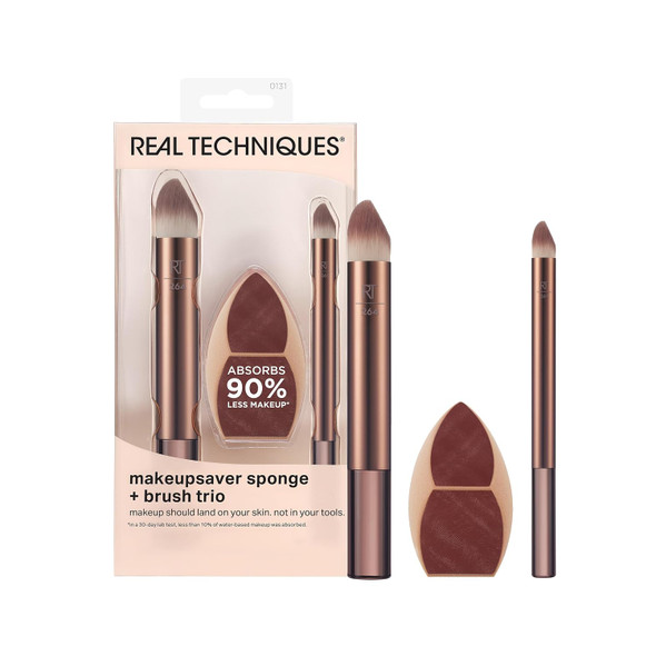 Real Techniques Makeupsaver Sponge + Brush Trio  Makeup Blending Sponge and  Brushes For Liquid and  Cream Foundation Natural Finish and  Reduces Makeup Waste Cruelty and  Latex Free 3 Piece Set