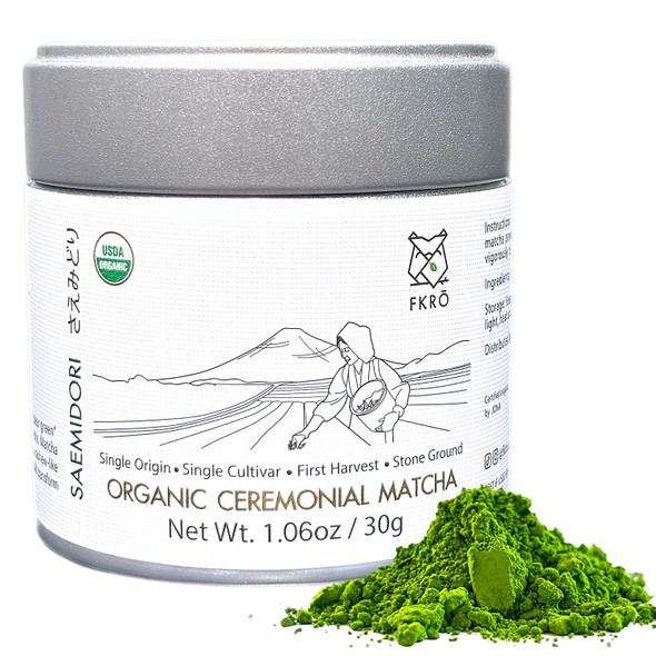 FKRO Organic Saemidori Ceremonial Grade Matcha Green Tea Powder | Single Cultivar 1st Harvest | Stone-Ground Air-Flown Monthly from Japan | 30g Tin