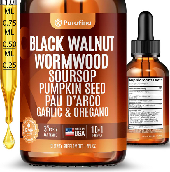 Wormwood Black Walnut Clove Cleanse Liquid Drops with SourSop, Pumpkin Seed, Pau D’Arco, Garlic & Oil of Oregano, Hull Extract Herb Tincture Drops For Humans 98% Absorption Gut Digestive Health (2oz)
