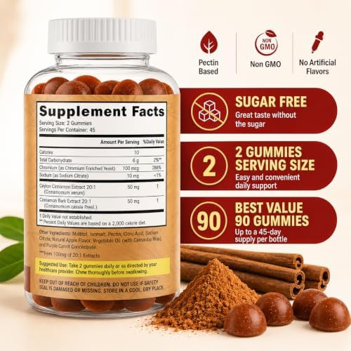 Flamingo Supplements  Sugar Free Ceylon Cinnamon Gummies Sugar Regulation, Neuroprotective- Supplement with Chromium and Cinnamon Bark- Alternative to Cinnamon Capsules - 90 Chews