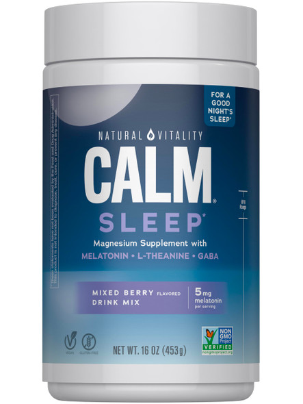 Natural Vitality Calm Sleep Melatonin | with Ashwagandha, L-Theanine & GABA | Mixed Berry Flavored Drink Mix Supplement| Non-GMO & Vegan Formula | 16oz