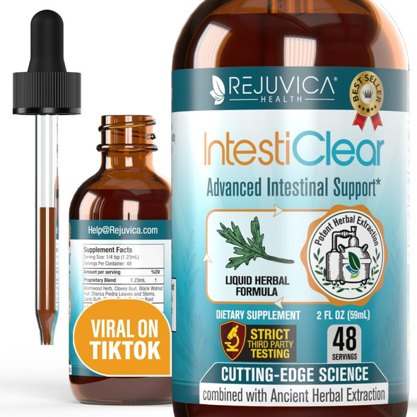 Rejuvica Health IntestiClear - Advanced Intestinal Support Supplement - Liquid Delivery for Better Absorption - Wormwood, Cloves, Black Walnut, Garlic & More! - 2 Fl Oz