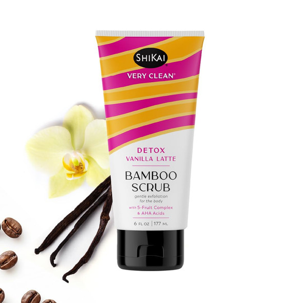 ShiKai Very Clean Bamboo Body Scrub (Detox Vanilla Latte 6 oz) | Gentle Hydrating and  Exfoliating Skin Cleanser  With 5 Fruit Complex and  AHA Acids