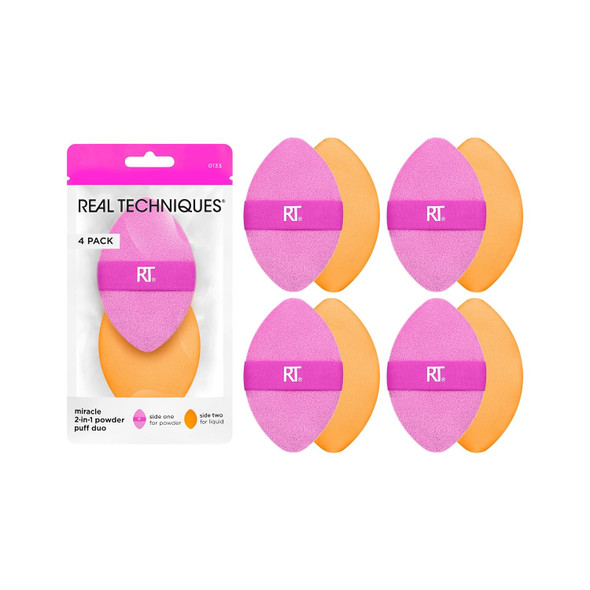 Real Techniques Miracle 2 In 1 Powder Puff Dual Sided Full Size Makeup Blending Puff Reversible Elastic Band Precision Tip Makeup Sponge and  Powder Puff For Liquid Cream and  Powder