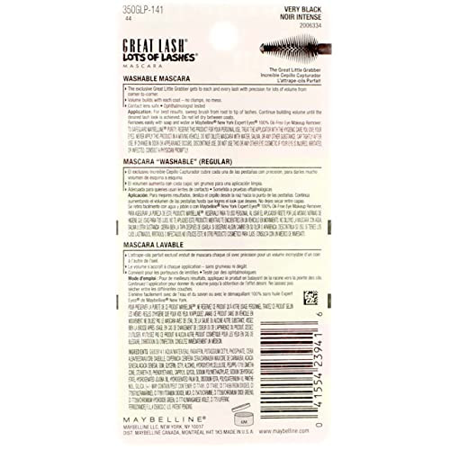 Maybelline York Great Lash Lots Of Lashes Washable Mascara Very Black .43 Ounces Pack Of 3