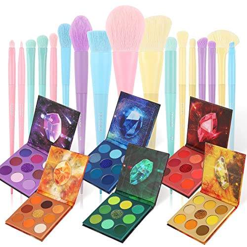 Docolor Colourful Makeup Brushes Set + 54Colors Gemstone Eeyshadow Palette Ultra Pigmented Ful Makeup Brushes Set 17Pcs