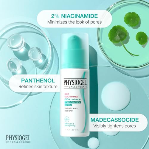 Physiogel Red Soothing Cica Balance PoreControl Serum Niacinamide Facial Exfoliant For Blackheads 1.69 Fl.Oz