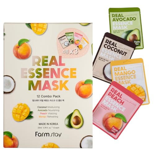 Farmstay Real Essence Facial Sheet 12Pack Korean Skincare Mask ComboHypoallergenicMoisturizingNourishingVitalizing Refreshing.12 Ea 0.78 Fl.Oz 12Pack