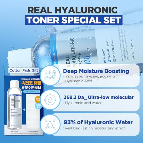 Wellage Real Hyaluronic Toner 100 For Face Korean Beauty Toner 93% Hyaluronic 10.1 Fl.Oz