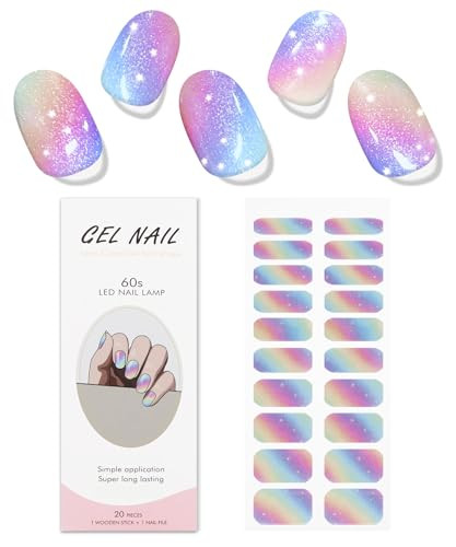 Jmeowio Gel Nail Stickers Rainbow Glitter Semi Cured Gel Nail Strips Wraps