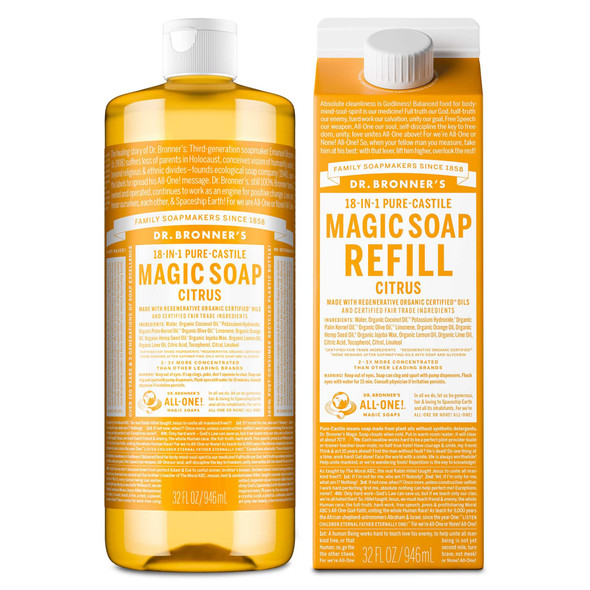 Dr. BronnerS PureCastile Liquid Magic Soap Bottle and Refill Carton Made With Regenerative 32 Oz