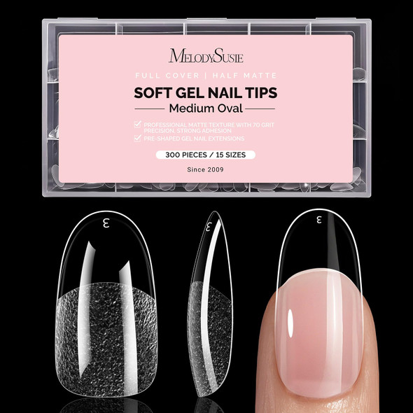 Melodysusie Short Almond X Nail Tips 15 Sizes Clear AcrylicHalf Matte Full 300Pcs