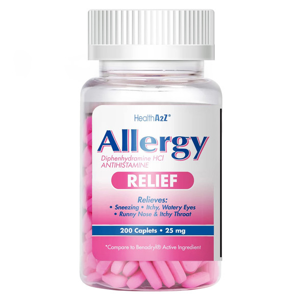 HealthA2Z® Allergy Relief | Diphenhydramine HCL 25mg | Antihistamine | Relief from Itchy Throat, Sneezing, Runny Noses | Indoor & Outdoors Allergies - 200 Caplets