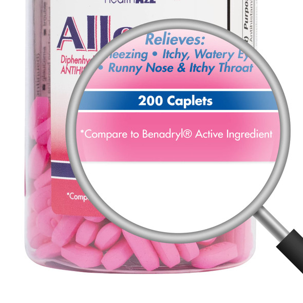 HealthA2Z® Allergy Relief | Diphenhydramine HCL 25mg | Antihistamine | Relief from Itchy Throat, Sneezing, Runny Noses | Indoor & Outdoors Allergies - 200 Caplets