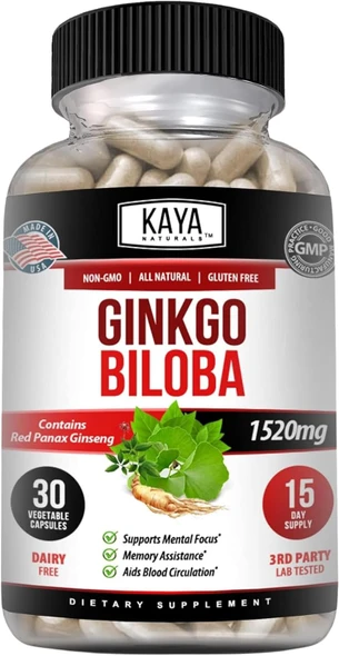 Kaya Naturals Red Panax Ginseng + Ginkgo Biloba - Nootropic Brain Supplement - Cognitive and Concentration Support - Brain Booster, Focus, and Memory Supplement