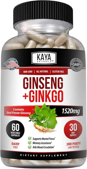 Kaya Naturals Red Panax Ginseng + Ginkgo Biloba - Nootropic Brain Supplement - Cognitive and Concentration Support - Brain Booster, Focus, and Memory Supplement