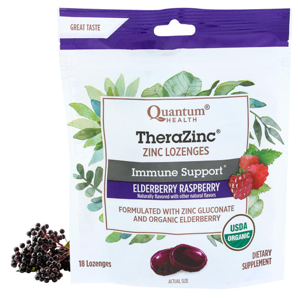 Quantum Health TheraZinc Organic Zinc Lozenges Elderberry Sambucus Raspberry & Honey Immune Support for Adults & Kids 12+ Naturally Flavored Fast Relief with No Aftertaste -18 Count