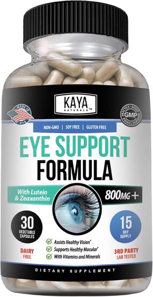 Kaya Naturals Eye Health Supplement - Lutein & Zeaxanthin - Supports Eye Strain, Dry Eyes, and Vision Health - Clinically Proven Ingredients 800mg Vitamin Supplement