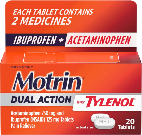 Motrin Dual Action with Tylenol, Fast-Acting, Long Lasting Pain Reliever with Ibuprofen & Acetaminophen for Minor Aches & Pains, Ibuprofen (NSAID) 125 mg & Acetaminophen 250 mg