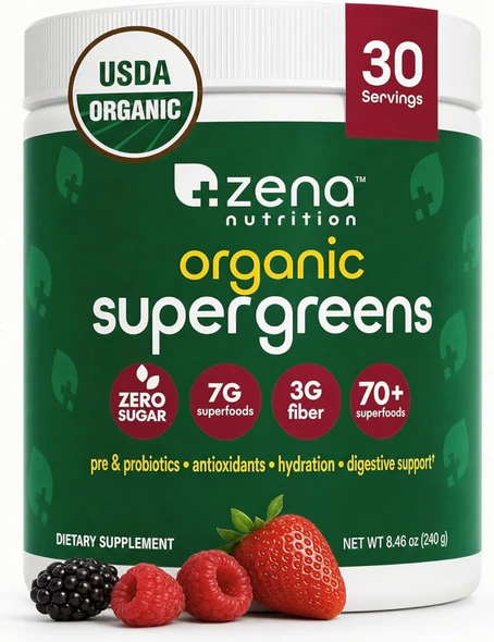 Zena Nutrition Organic Super Greens Powder, 70+ Superfoods, 0 Sugar, 3G Fiber, Spirulina, Chlorella, Antioxidants, Prebiotics/Probiotics, Digestive Enzymes, 30 Servings
