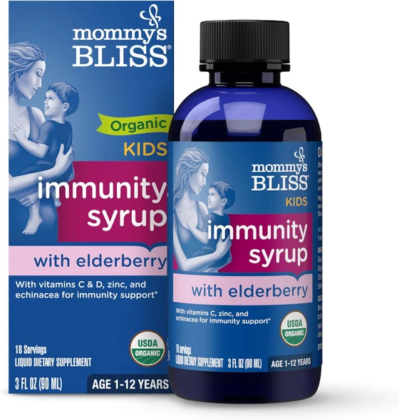 Mommy's Bliss Organic Elderberry Syrup and  Immunity Boost With Vitamins Prebiotics and  Echinacea for Kids and  Adults 1 yr+  3 Fl Oz