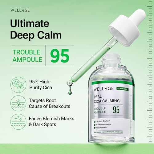 Wellage Real Cica Calming Trouble Ampoule Korean Skincare Soothing Serum Madecassoside Centella 1.69 Fl.Oz