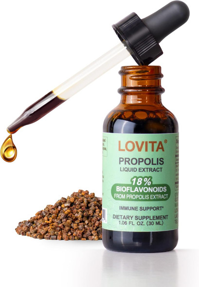 LOVITA Bee Propolis Liquid Extract 30 Day Supply  5:1 Resin Drops with 18% Bioflavonoids Alcohol Free Antioxidant Immune Support and  Throat Soothing Gluten Free Non GMO