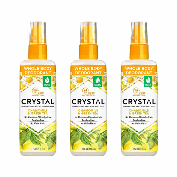 Crystal Deodorant Essence Spray 4 Ounce Chamomile/Green Tea, All Over Body Deodorant, (118ml) (3 Pack)