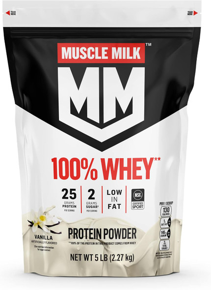 Muscle Milk 100% Whey Protein Powder, Vanilla, 5 Pound, 68 Servings, 25g Protein, 2g Sugar, Low in Fat, NSF Certified for Sport, Energizing Snack, Workout Recovery