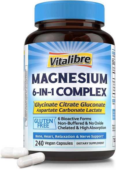 Vitalibre 6 in 1 Magnesium Complex for Women Men, 260mg Elemental Magnesium | Max Absorption | Chelated Magnesium Supplement for Bone, Relaxation & Nerves Support