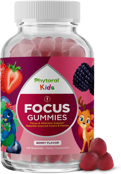 Phytoral Vegan Kids Focus Gummies  Potent Chewable Brain Support for Children  Enhances Concentration and  Memory  Calming Supplements and  Focus Gummies for Kids  Non GMO and  Gluten-Free  60 Count