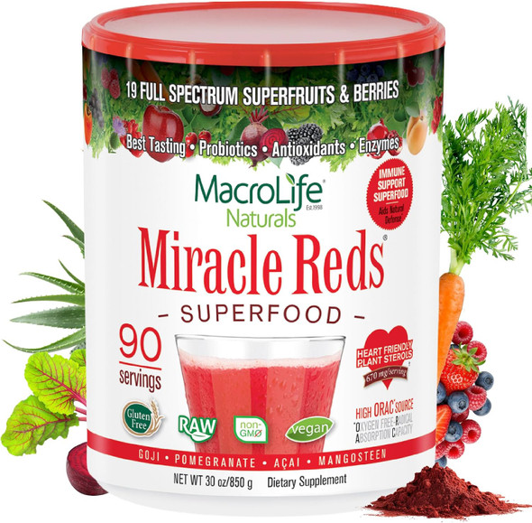 MacroLife Naturals Miracle Reds Superfood Powder, 19 Fruits, Organic | Beet, Blueberry, Elderberry & Turmeric Blend; Antioxidants, Enzymes & Probiotics; Raw, Gluten & Dairy Free; 90 Servings