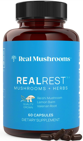 Real Mushrooms RealRest Capsules for Calm and Mindfulness 60ct  Calmness and Mindfulness Support Organic Reishi and Lemon Balm  Vegan  Non GMO Mushroom Supplement