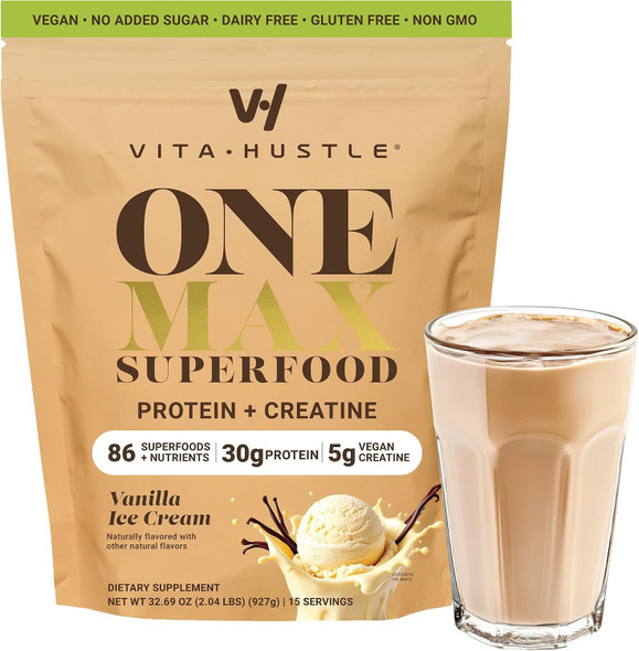 VitaHustle ONE Max Protein + Creatine, 15 Servings | Meal Replacement Shake, 30g Plant Protein, 5g Creatine, Greens, Adaptogens, Probiotics, Vitamins