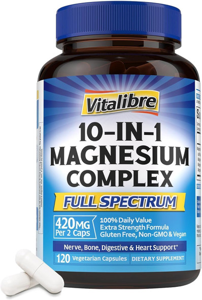 Vitalibre 10 in 1 Magnesium Complex 420mg Elemental Magnesium Ultra Strength Max Absorption Chelated Magnesium Supplement for Women Men Nerves Bone and Heart Health Non GMO