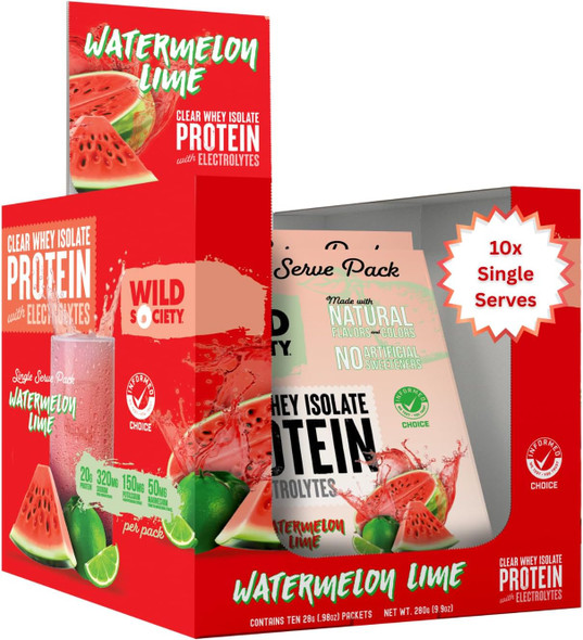 WILD SOCIETY - Clear Protein Powder + Electrolytes - 20g Clear Whey Protein Isolate Drink - Zero Sugar - 0g Lactose - Natural Ingredients - Travel Pack - 10x Singe Serves