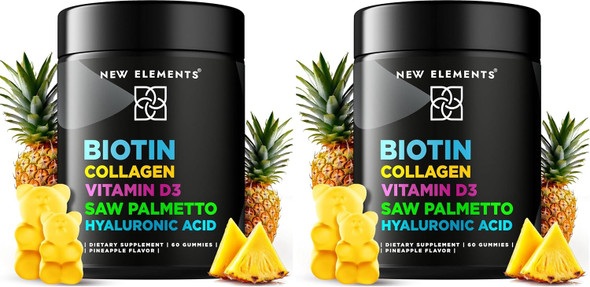 New Elements Biotin Gummies with Collagen Vitamin D3 Saw Palmetto & Hyaluronic Acid for Hair Skin and Nails, Hair Growth Supplement for Men & Women | Non-GMO | Gluten-Free | Natural Pineapple Flavor