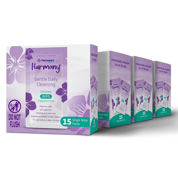 Theraworx Harmony Gentle Daily Cleansing Fem Care Wipes - 15 Count (1 Pack) | Daily Cleansing Fragrance Free Helps Reduce Odor pH Balanced Soothes & Moisturizes. Travel size Individually Wrapped.