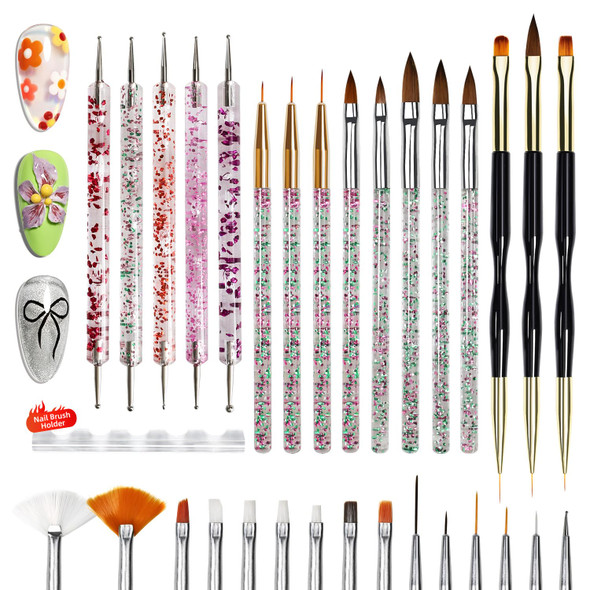JODSONE 32Pcs Nail Art Brushes kit,Nail Art Tool Set,Dotting Tools,French Manicure,Dust Brush,Striping Brushes for Long Lines,Drawing Pen Painting Pen for Gel Polish Design Supply