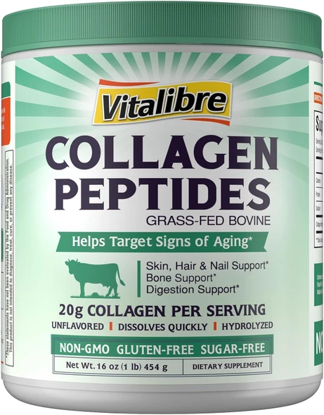 Vitalibre Bovine Collagen Peptides Powder for Women and Men Grass Fed Hydrolyzed Collagen Protein Type  and  III Skin Hair Nails Bones Digestion Unflavored