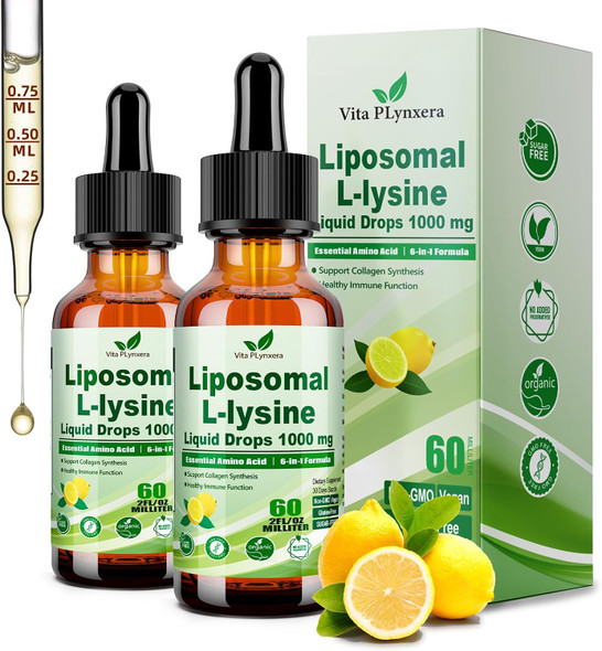 Vita PLynxera L-Lysine 1000mg Liquid Drops w. Monolaurin Olive Leaf Extract Vitamin C D3 & Zinc, 6-in-1 Essential Amino Acid Supplement for Immune Collagen Lip & Oral Health, Liposomal Lysine for Better Absorption
