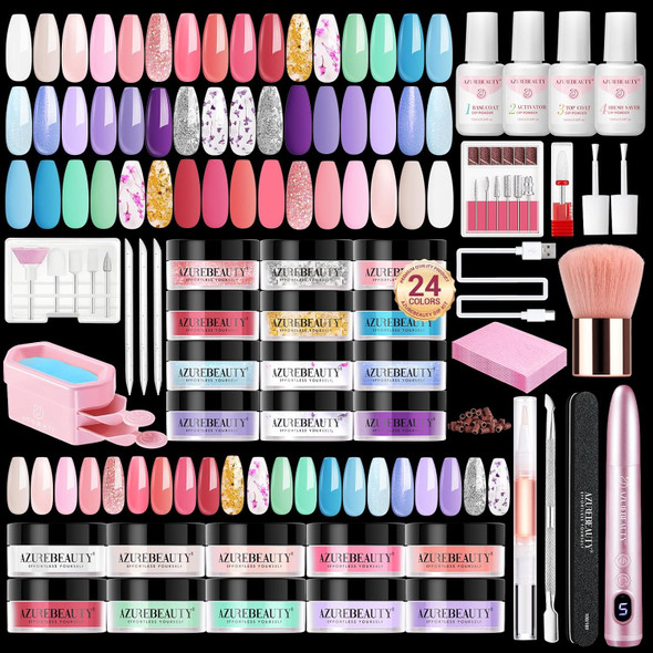 AzureBeauty Dip Powder Nail Kit with Electric Nail Drill Nude Pink Glitter  24 Colors Red Green Nail Powder