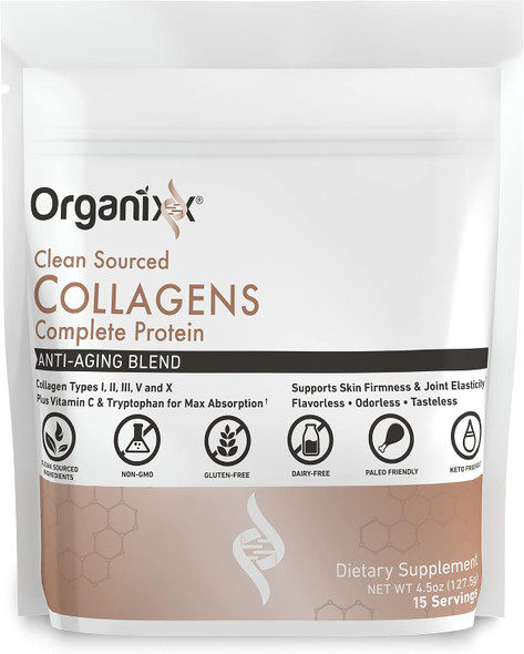 Organixx Clean Sourced Collagen Peptides 5 Types 15 Servings  5 types of hydrolyzed collagen (I, II, III, V, X) with Vitamin C supports hair nail skin bone and  joint health