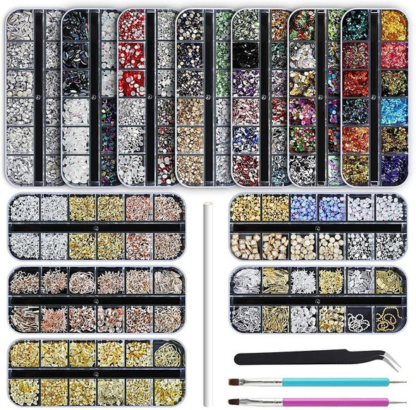 Artdone Nail Art Glitter Studs Kit, 6 Boxes Multicolor and Design 3D Charms with 15 Sheets Gold Nail Stickers, Diamond Cute Nail Jewels for DIY Decoration with Pickup Tools