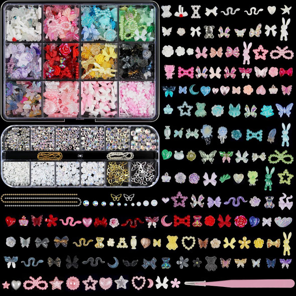Artdone Nail Art Glitter Studs Kit, 6 Boxes Multicolor and Design 3D Charms with 15 Sheets Gold Nail Stickers, Diamond Cute Nail Jewels for DIY Decoration with Pickup Tools