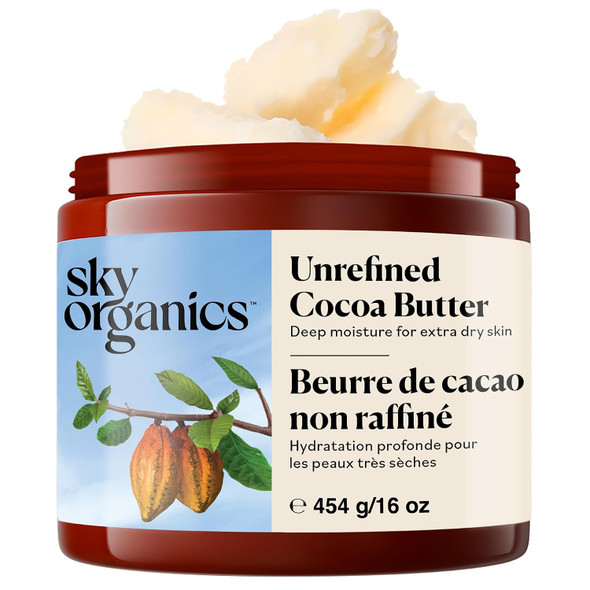 Sky Organics Raw Cocoa Butter 16oz 100% Pure and  Unrefined Solid Body Butter  Deeply Hydrates and  Conditions Skin Promotes Smooth Tone and  Texture For Tight Dry or Extra Dry Skin Vegan and  Cruelty Free