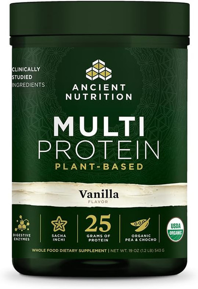 Ancient Nutrition Organic Multi Protein Plant Powder, Chocolate | 25g Protein, Hydrolyzed Pea Protein, Digestive Enzymes & Probiotics, Supports Muscle & Gut Health