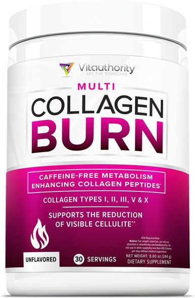 Vitauthority  Hydrolyzed Collagen Powder for Weight Loss  Burn Ultimate Beauty Complex Multi Peptides Powder for Women with Types I II III V and X for Fat Burning Support Unflavored 30 Servings