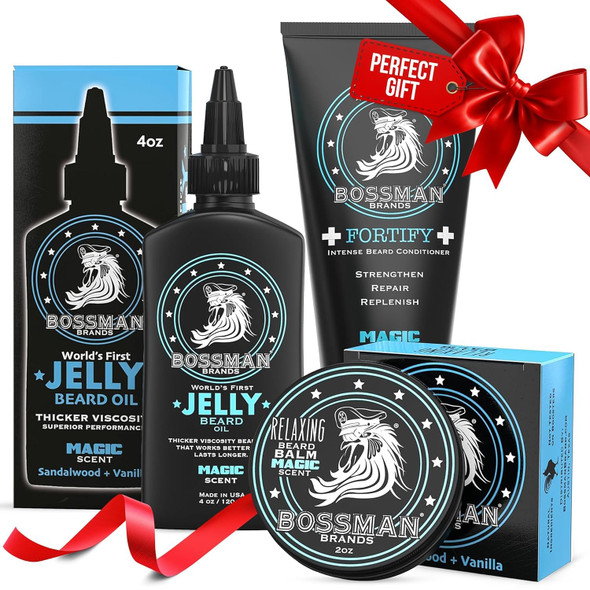 Bossman Essentials Beard Kit for Men, Set of 3 - Beard Oil Jelly, Fortifying Conditioner Cream, Beard Balm - Grooming Growth Care Accessories - Gift Set for Men